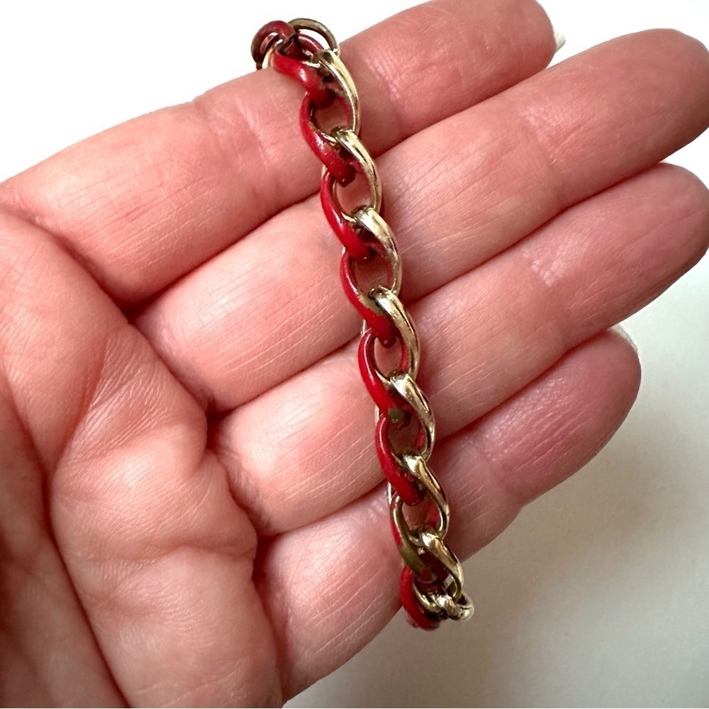 Vintage 80's Trifari Red Enamel Gold Plated Woven Layering Necklace - 24 inches - Picture 4 of 7